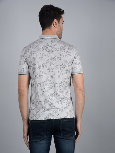Grey Floral Print Polo Neck T-Shirt-Men T-Shirts-Crimsoune Club