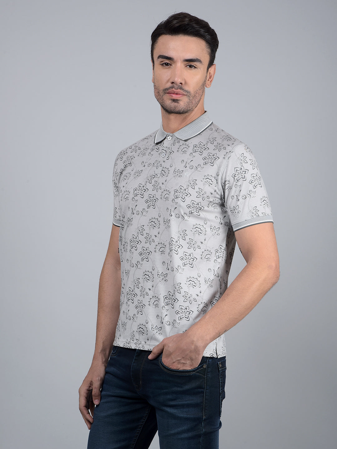 Grey Floral Print Polo Neck T-Shirt-Men T-Shirts-Crimsoune Club