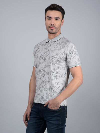 Grey Floral Print Polo Neck T-Shirt-Men T-Shirts-Crimsoune Club