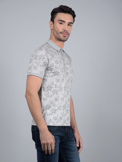 Grey Floral Print Polo Neck T-Shirt-Men T-Shirts-Crimsoune Club