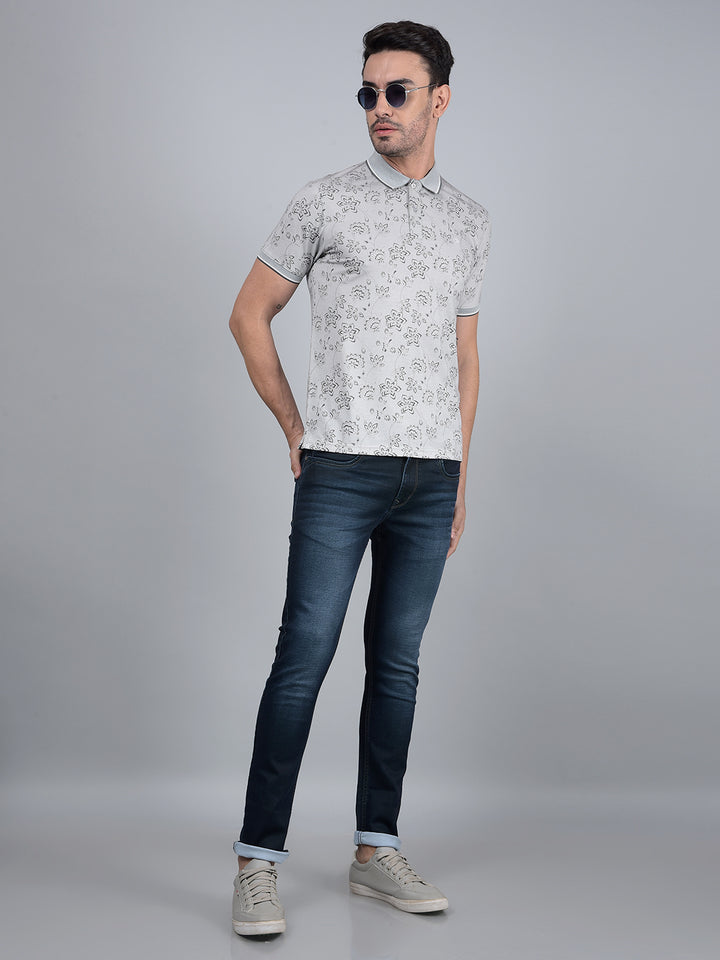 Grey Floral Print Polo Neck T-Shirt-Men T-Shirts-Crimsoune Club