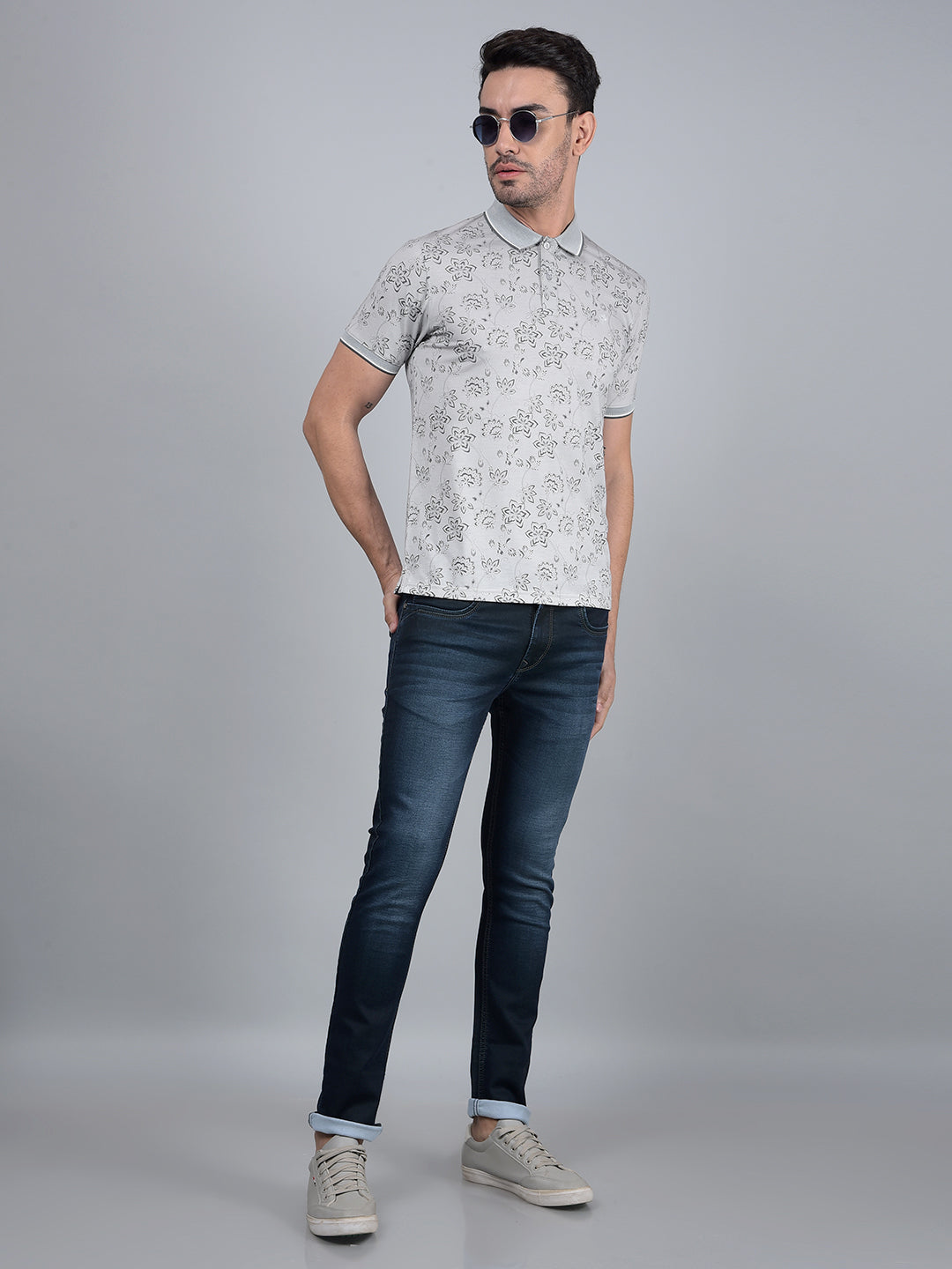 Grey Floral Print Polo Neck T-Shirt-Men T-Shirts-Crimsoune Club