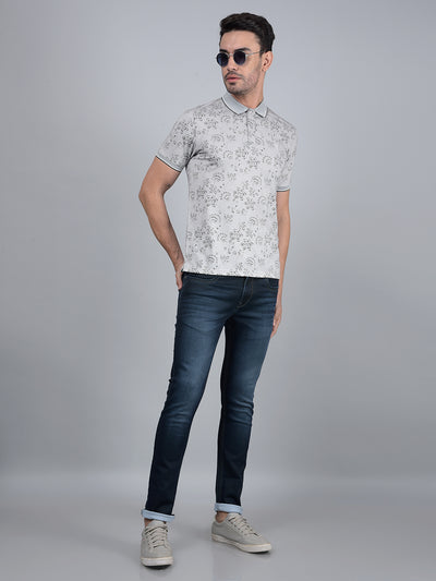 Grey Floral Print Polo Neck T-Shirt-Men T-Shirts-Crimsoune Club