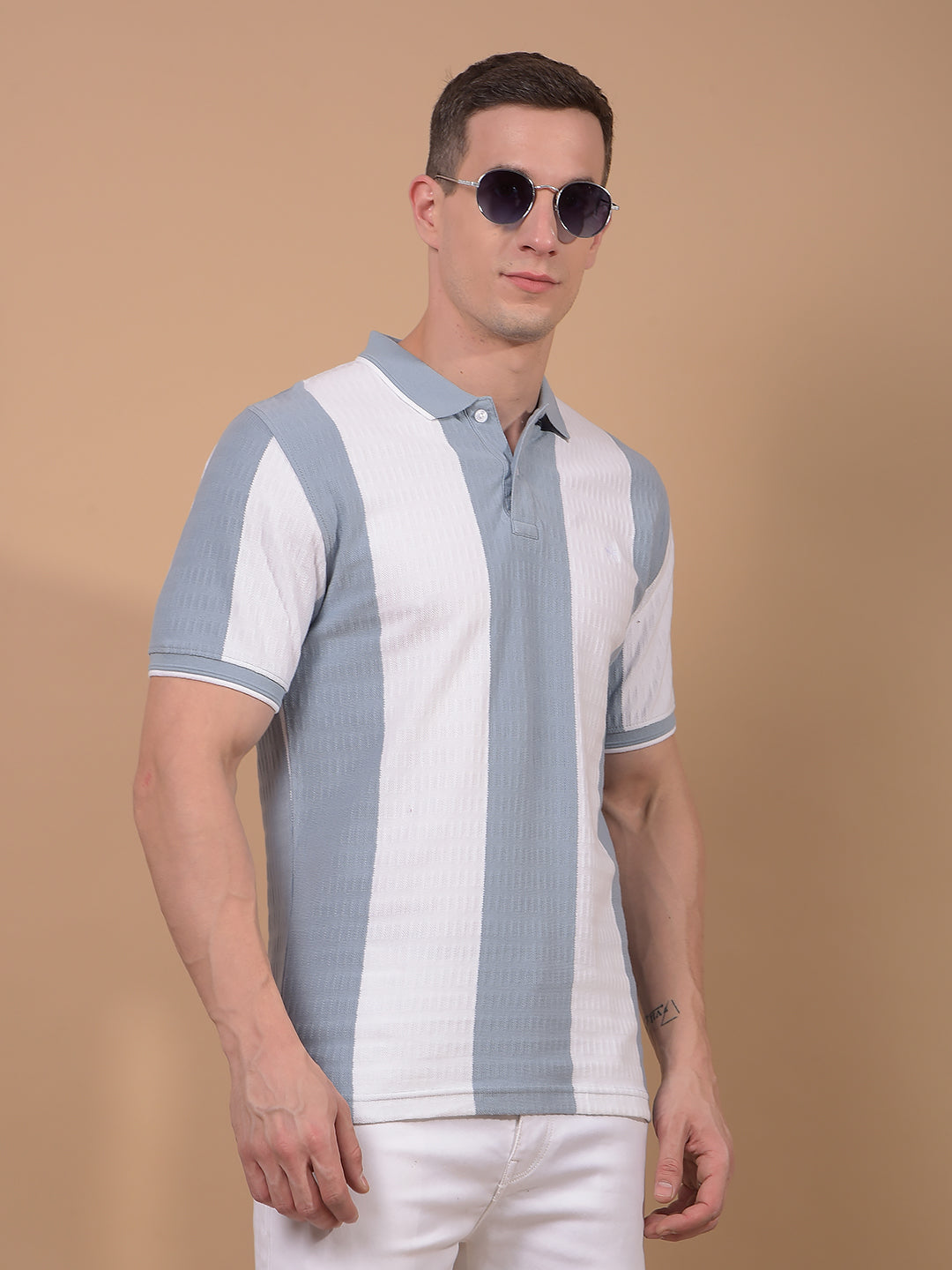 Blue Vertical Stripes 100% Cotton Polo Neck T-Shirt-Men T-Shirts-Crimsoune Club