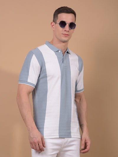Blue Vertical Stripes 100% Cotton Polo Neck T-Shirt-Men T-Shirts-Crimsoune Club