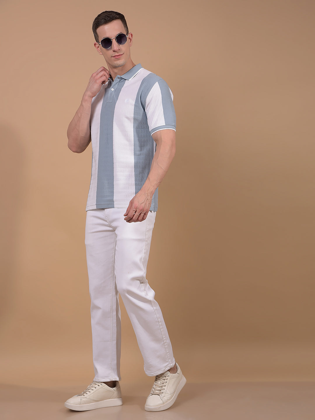 Blue Vertical Stripes 100% Cotton Polo Neck T-Shirt-Men T-Shirts-Crimsoune Club