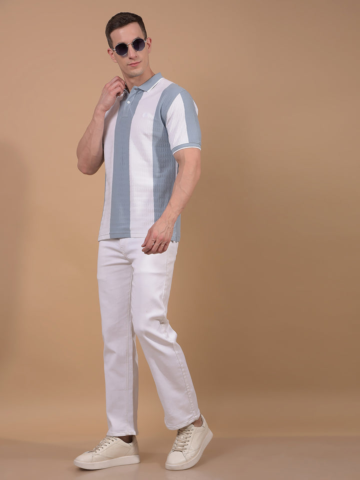 Blue Vertical Stripes 100% Cotton Polo Neck T-Shirt-Men T-Shirts-Crimsoune Club