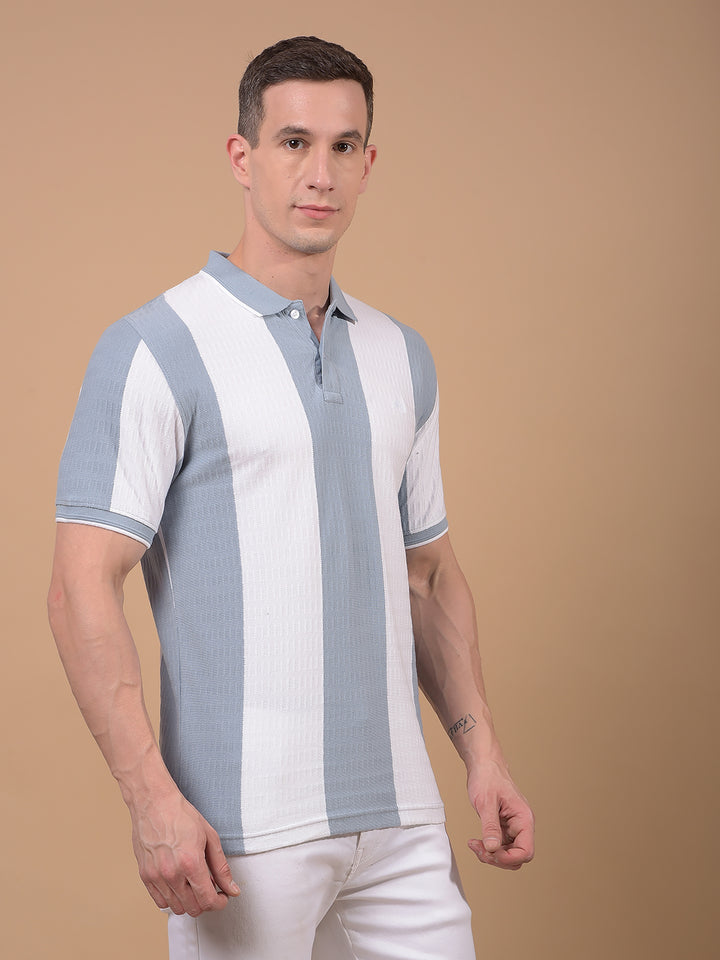 Blue Vertical Stripes 100% Cotton Polo Neck T-Shirt-Men T-Shirts-Crimsoune Club