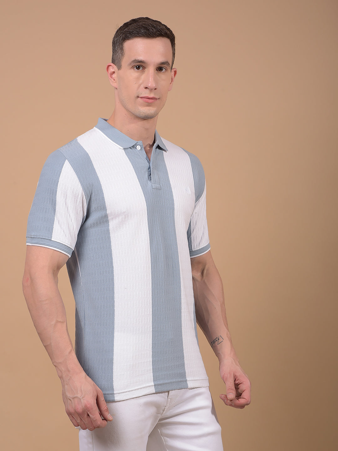 Blue Vertical Stripes 100% Cotton Polo Neck T-Shirt-Men T-Shirts-Crimsoune Club