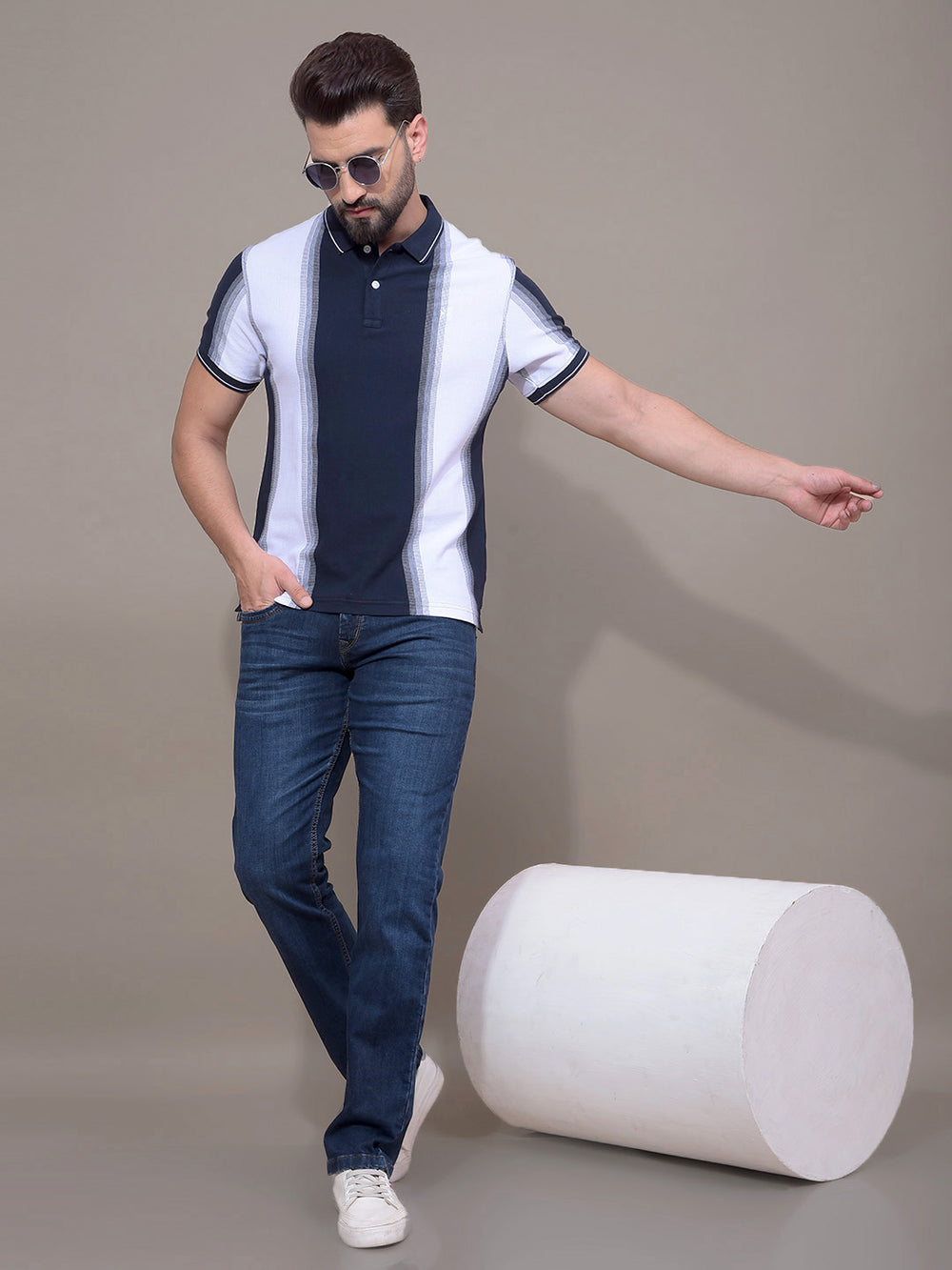 Navy Blue Vertical Stripes 100% Cotton Polo Neck T-Shirt-Men T-Shirts-Crimsoune Club