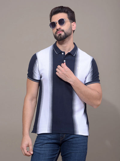 Navy Blue Vertical Stripes 100% Cotton Polo Neck T-Shirt-Men T-Shirts-Crimsoune Club