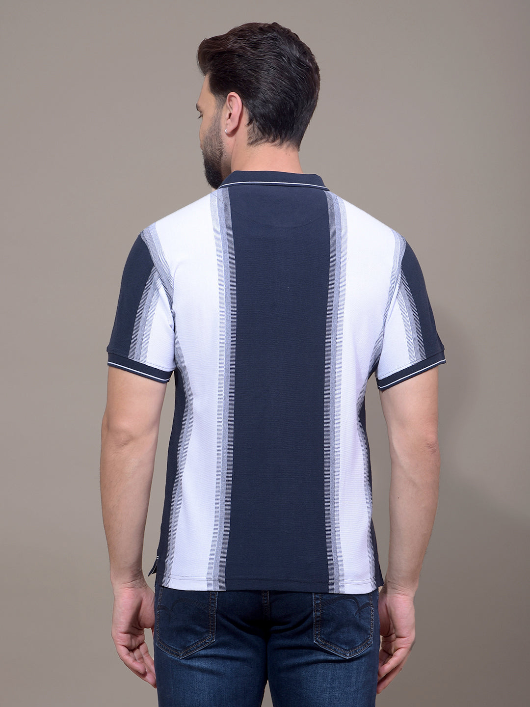 Navy Blue Vertical Stripes 100% Cotton Polo Neck T-Shirt-Men T-Shirts-Crimsoune Club