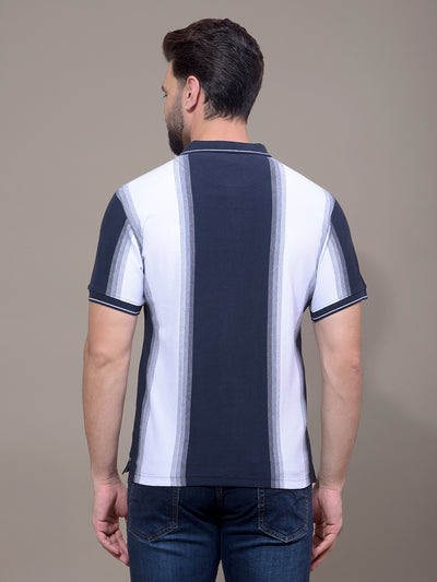 Navy Blue Vertical Stripes 100% Cotton Polo Neck T-Shirt-Men T-Shirts-Crimsoune Club