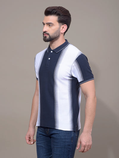 Navy Blue Vertical Stripes 100% Cotton Polo Neck T-Shirt-Men T-Shirts-Crimsoune Club