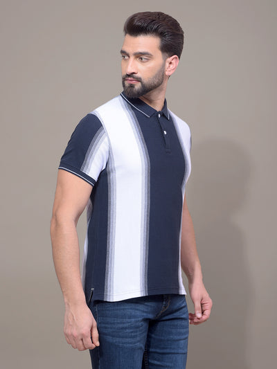 Navy Blue Vertical Stripes 100% Cotton Polo Neck T-Shirt-Men T-Shirts-Crimsoune Club