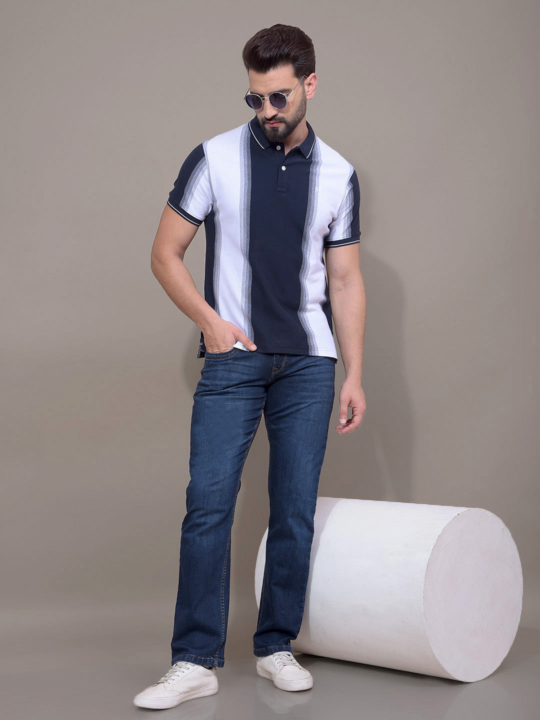 Navy Blue Vertical Stripes 100% Cotton Polo Neck T-Shirt-Men T-Shirts-Crimsoune Club