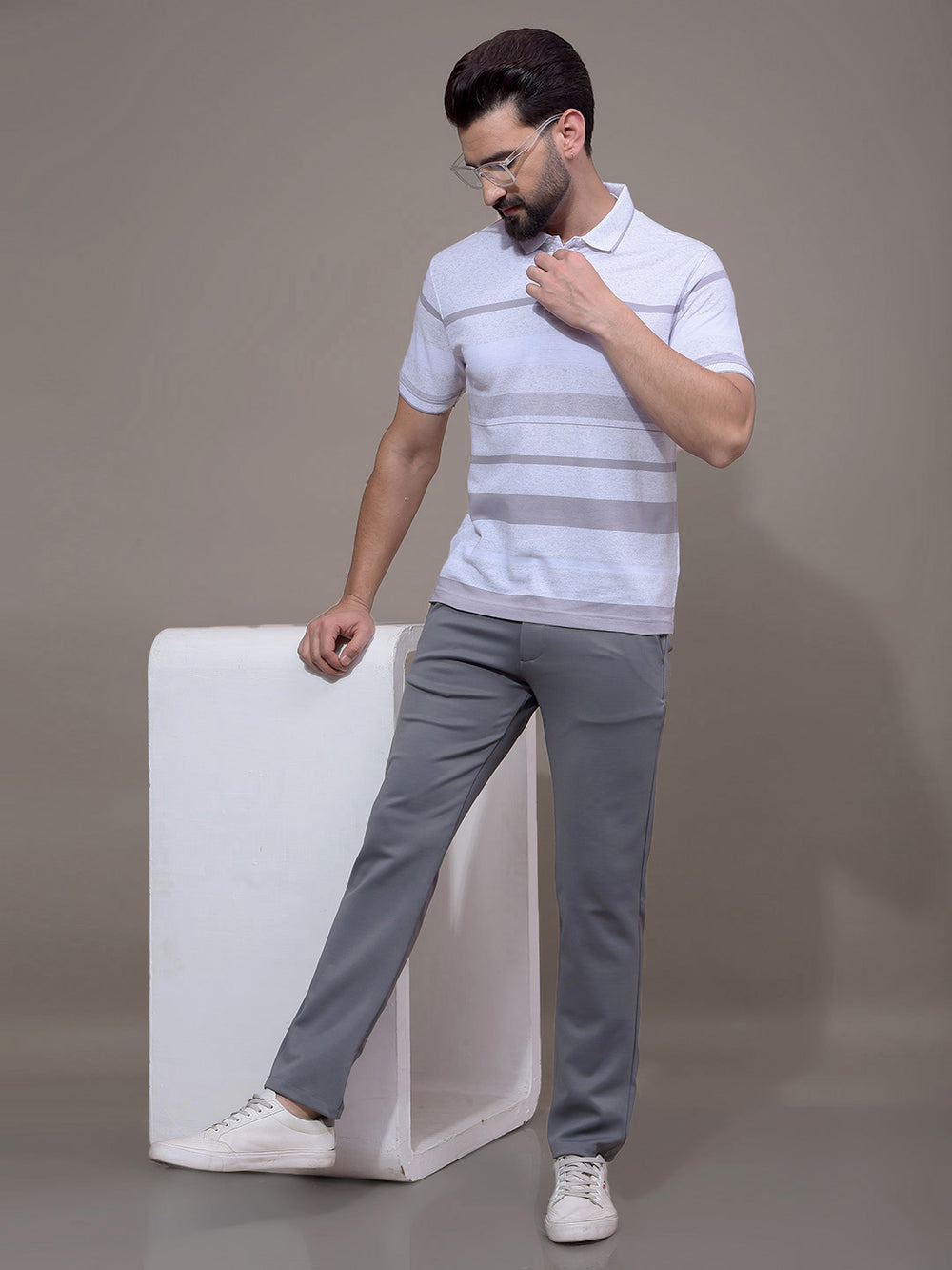 Grey Horizontal Stripes Polo Neck T-Shirt-Men T-Shirts-Crimsoune Club