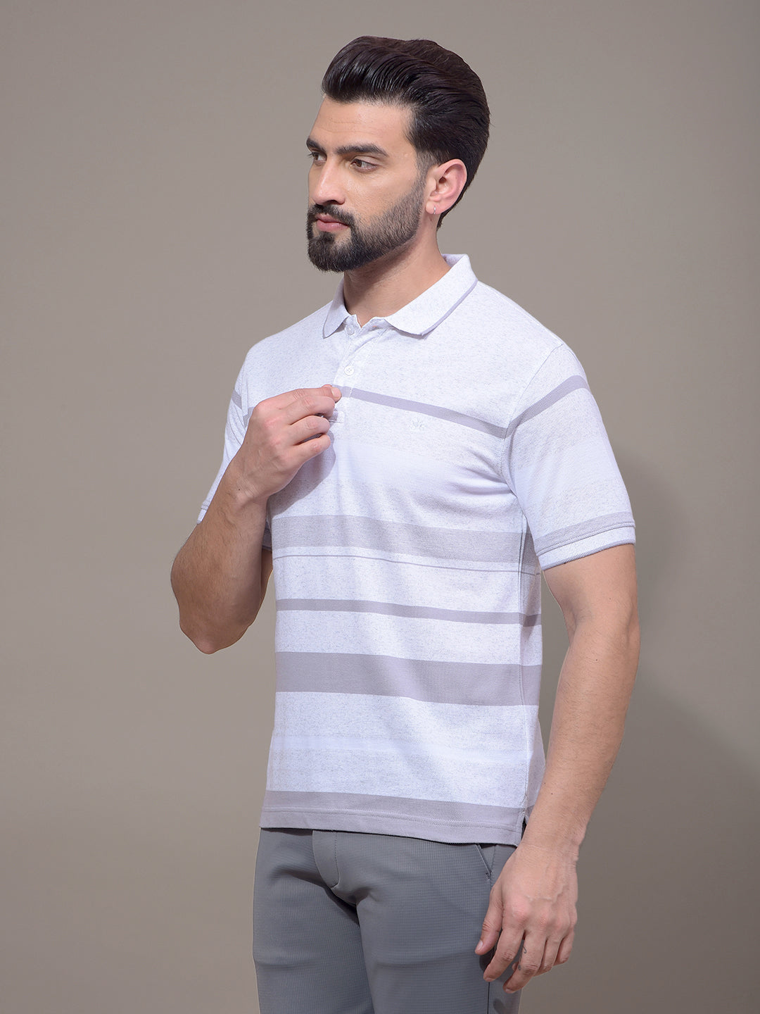 Grey Horizontal Stripes Polo Neck T-Shirt-Men T-Shirts-Crimsoune Club