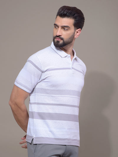 Grey Horizontal Stripes Polo Neck T-Shirt-Men T-Shirts-Crimsoune Club