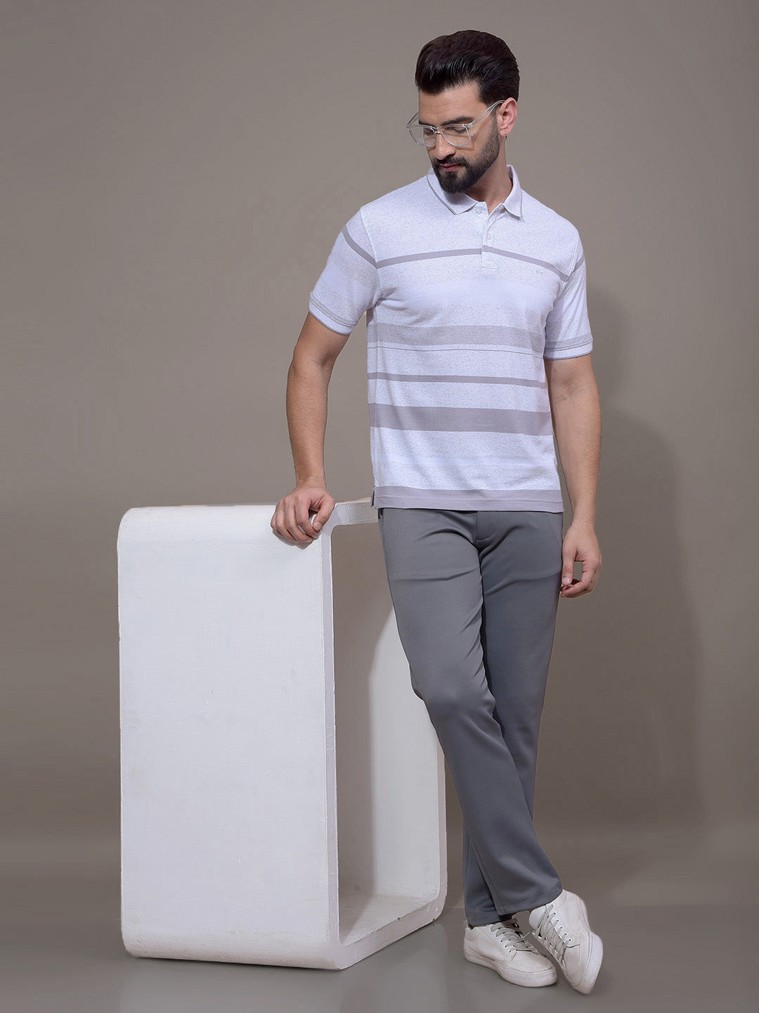 Grey Horizontal Stripes Polo Neck T-Shirt-Men T-Shirts-Crimsoune Club