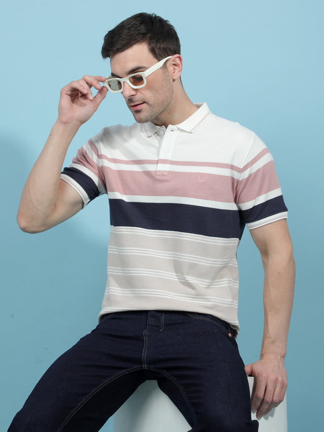 Multi-Color Horizontal Stripes 100% Cotton Polo-Neck T-Shirt-Men T-Shirts-Crimsoune Club