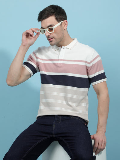 Multi-Color Horizontal Stripes 100% Cotton Polo-Neck T-Shirt-Men T-Shirts-Crimsoune Club