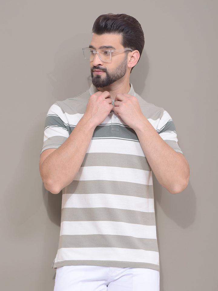 Green Horizontal Stripes 100% Cotton Polo Neck T-Shirt-Men T-Shirts-Crimsoune Club