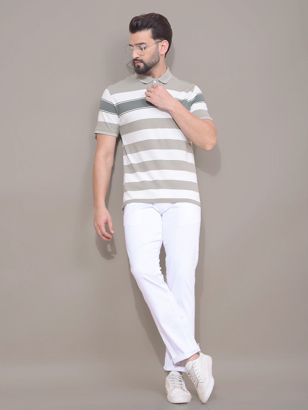 Green Horizontal Stripes 100% Cotton Polo Neck T-Shirt-Men T-Shirts-Crimsoune Club