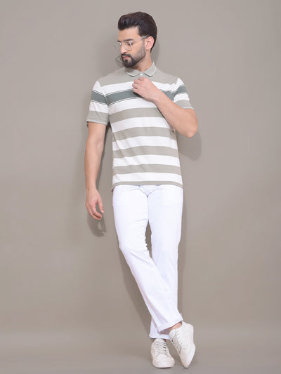 Green Horizontal Stripes 100% Cotton Polo Neck T-Shirt-Men T-Shirts-Crimsoune Club