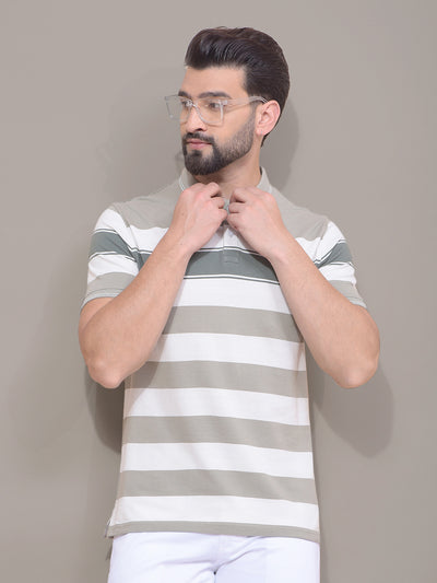 Green Horizontal Stripes 100% Cotton Polo Neck T-Shirt-Men T-Shirts-Crimsoune Club