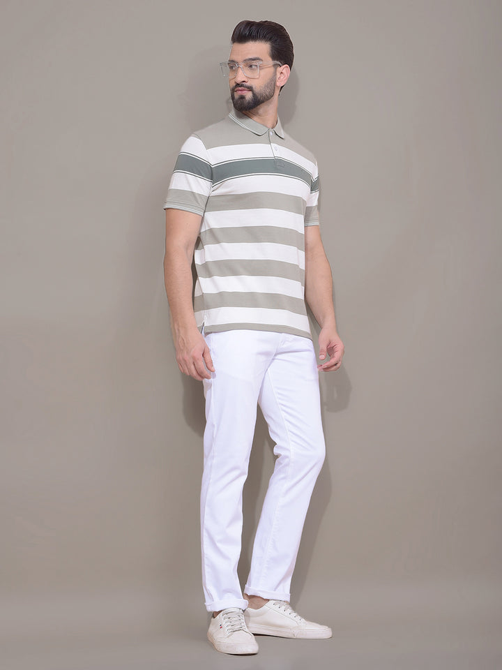 Green Horizontal Stripes 100% Cotton Polo Neck T-Shirt-Men T-Shirts-Crimsoune Club