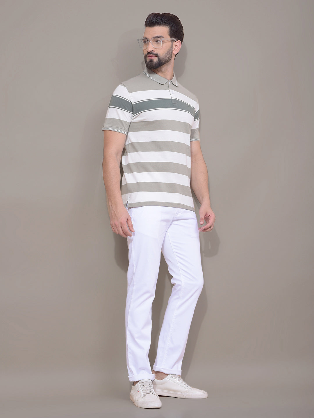 Green Horizontal Stripes 100% Cotton Polo Neck T-Shirt-Men T-Shirts-Crimsoune Club