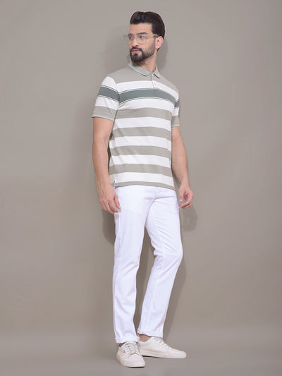 Green Horizontal Stripes 100% Cotton Polo Neck T-Shirt-Men T-Shirts-Crimsoune Club