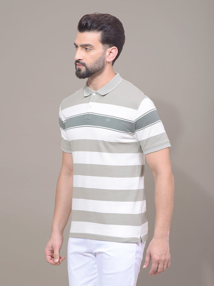 Green Horizontal Stripes 100% Cotton Polo Neck T-Shirt-Men T-Shirts-Crimsoune Club