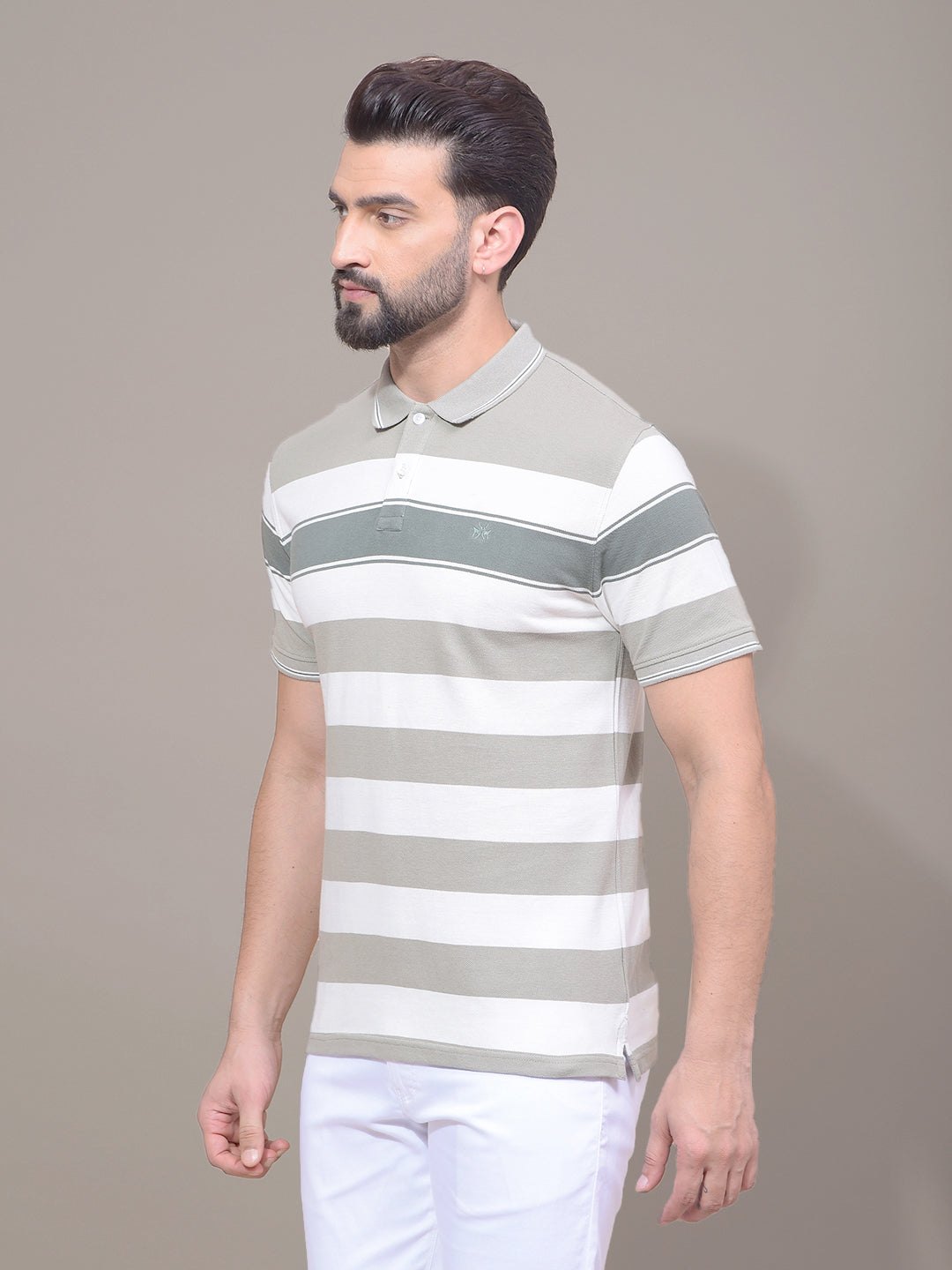 Green Horizontal Stripes 100% Cotton Polo Neck T-Shirt-Men T-Shirts-Crimsoune Club