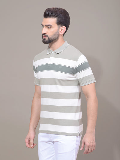 Green Horizontal Stripes 100% Cotton Polo Neck T-Shirt-Men T-Shirts-Crimsoune Club