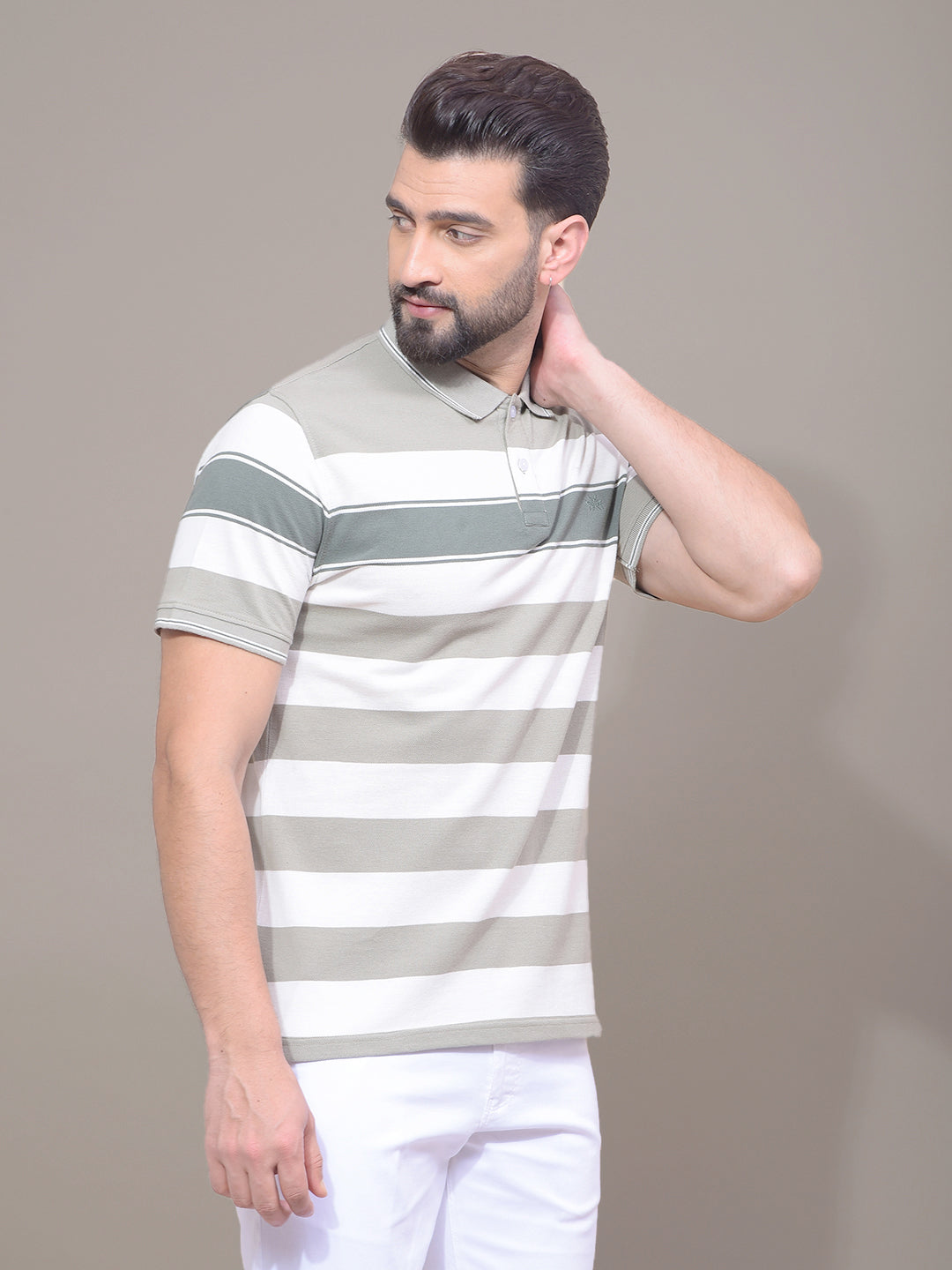 Green Horizontal Stripes 100% Cotton Polo Neck T-Shirt-Men T-Shirts-Crimsoune Club