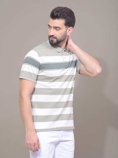 Green Horizontal Stripes 100% Cotton Polo Neck T-Shirt-Men T-Shirts-Crimsoune Club