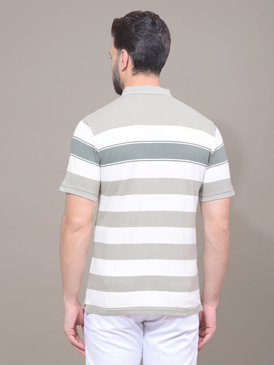 Green Horizontal Stripes 100% Cotton Polo Neck T-Shirt-Men T-Shirts-Crimsoune Club
