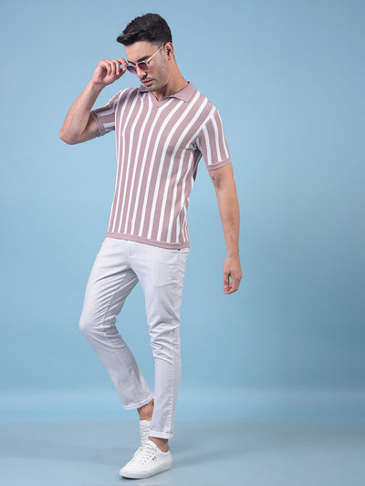 Pink Vertical Stripes 100% Cotton Polo Neck T-Shirt-Men T-Shirts-Crimsoune Club
