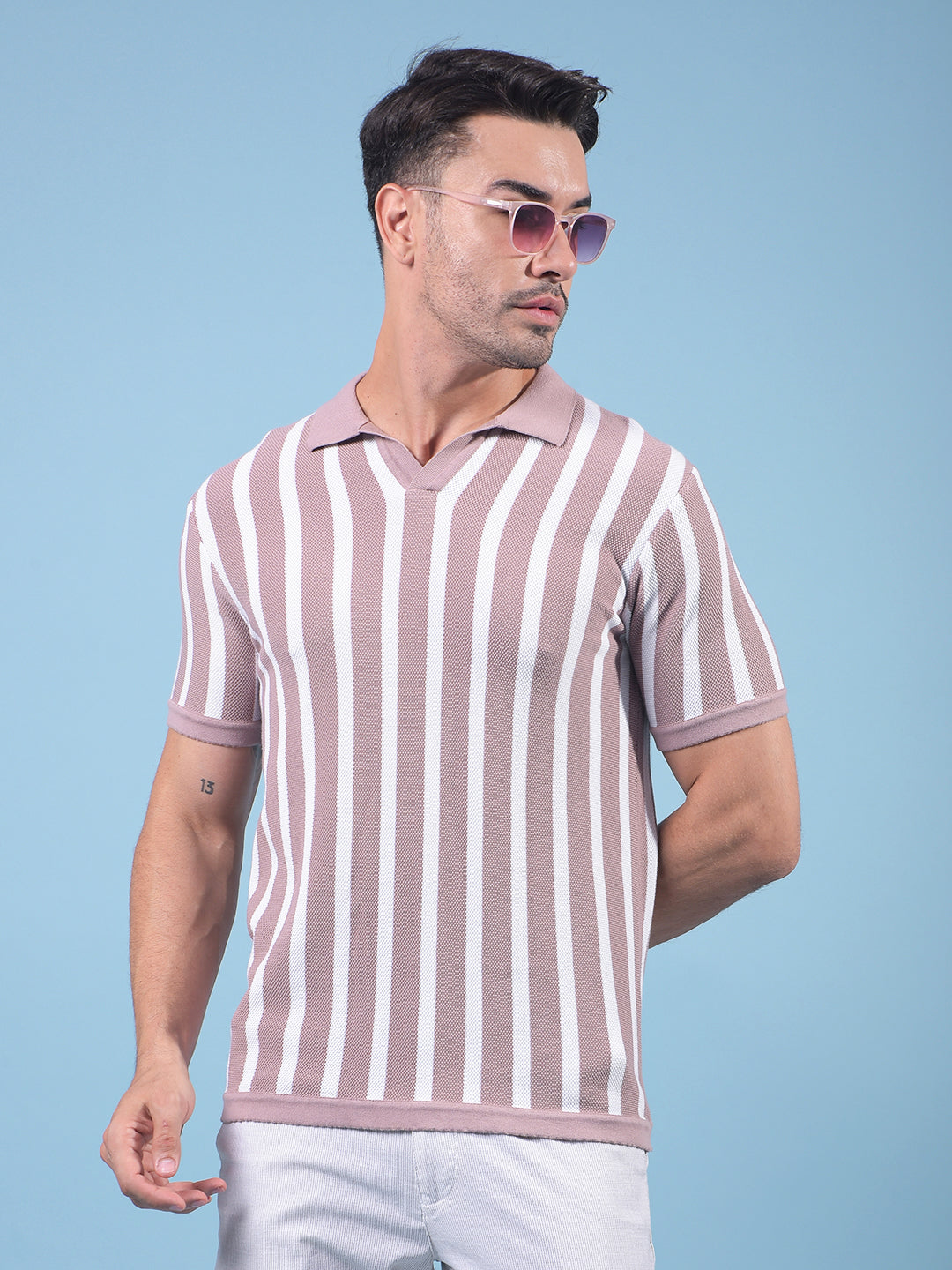 Pink Vertical Stripes 100% Cotton Polo Neck T-Shirt-Men T-Shirts-Crimsoune Club