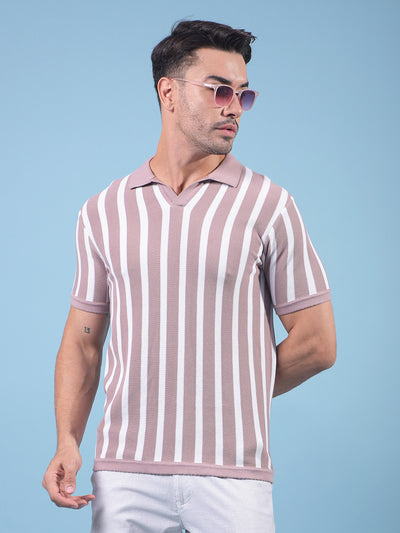 Pink Vertical Stripes 100% Cotton Polo Neck T-Shirt-Men T-Shirts-Crimsoune Club