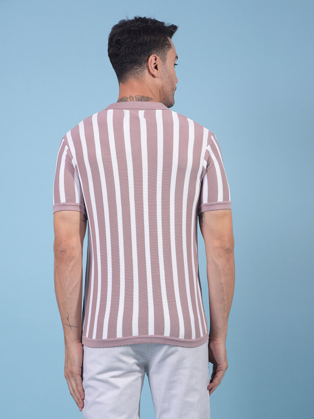Pink Vertical Stripes 100% Cotton Polo Neck T-Shirt-Men T-Shirts-Crimsoune Club