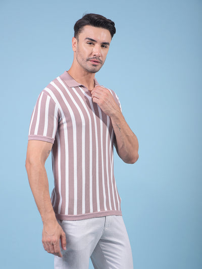 Pink Vertical Stripes 100% Cotton Polo Neck T-Shirt-Men T-Shirts-Crimsoune Club