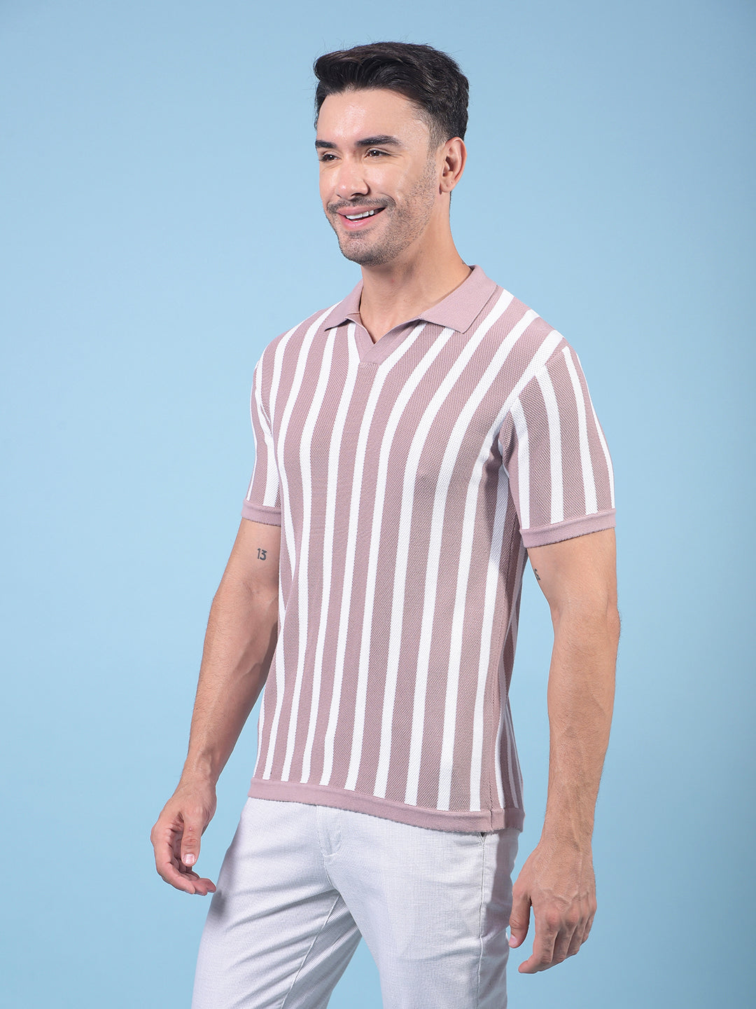 Pink Vertical Stripes 100% Cotton Polo Neck T-Shirt-Men T-Shirts-Crimsoune Club