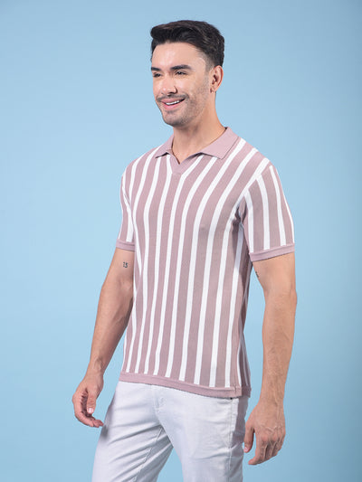 Pink Vertical Stripes 100% Cotton Polo Neck T-Shirt-Men T-Shirts-Crimsoune Club