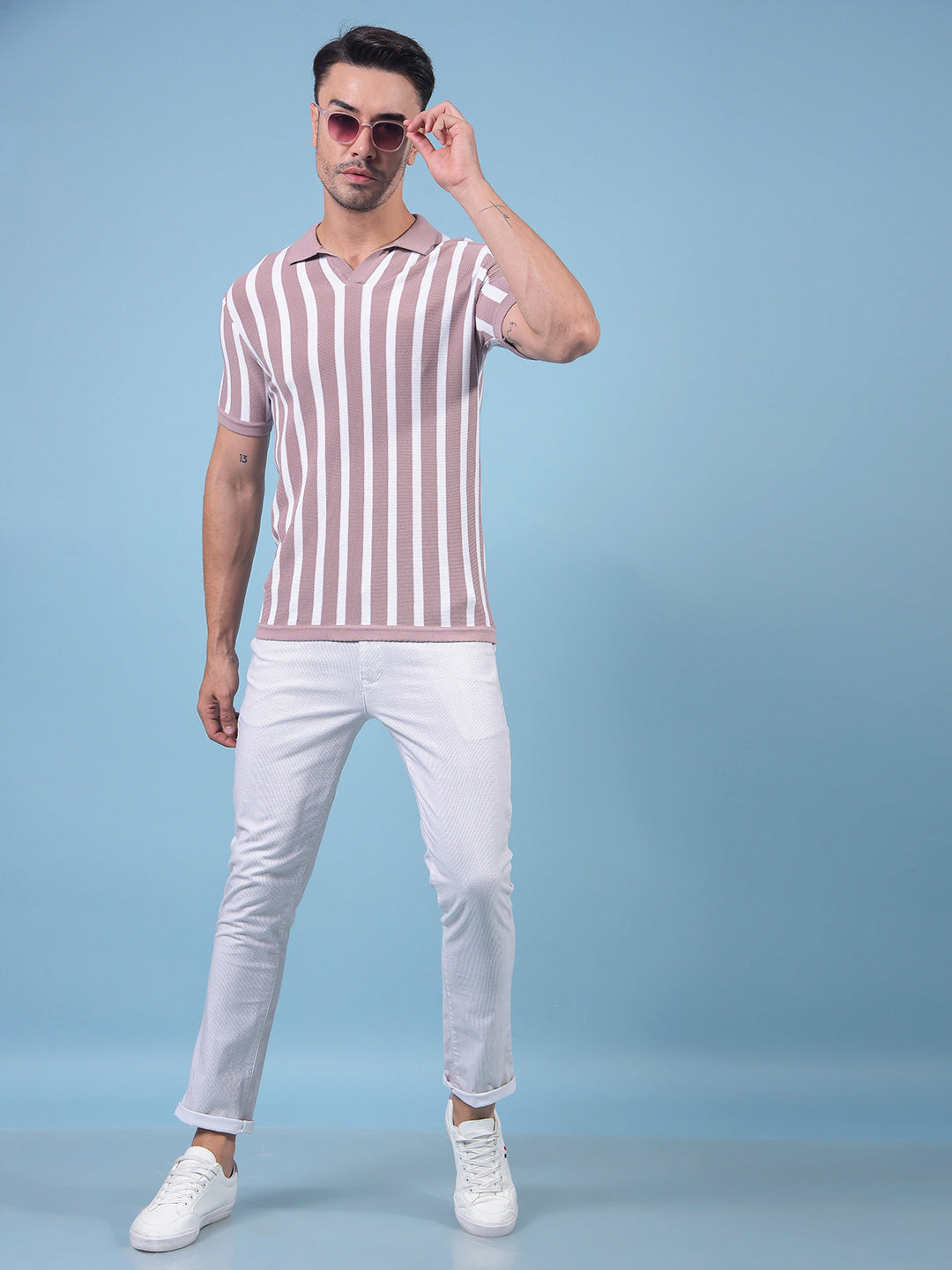 Pink Vertical Stripes 100% Cotton Polo Neck T-Shirt-Men T-Shirts-Crimsoune Club