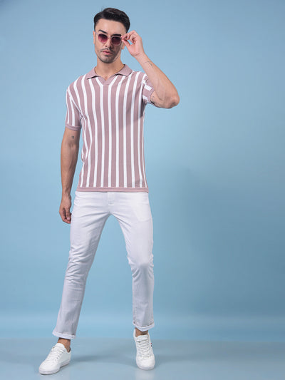 Pink Vertical Stripes 100% Cotton Polo Neck T-Shirt-Men T-Shirts-Crimsoune Club