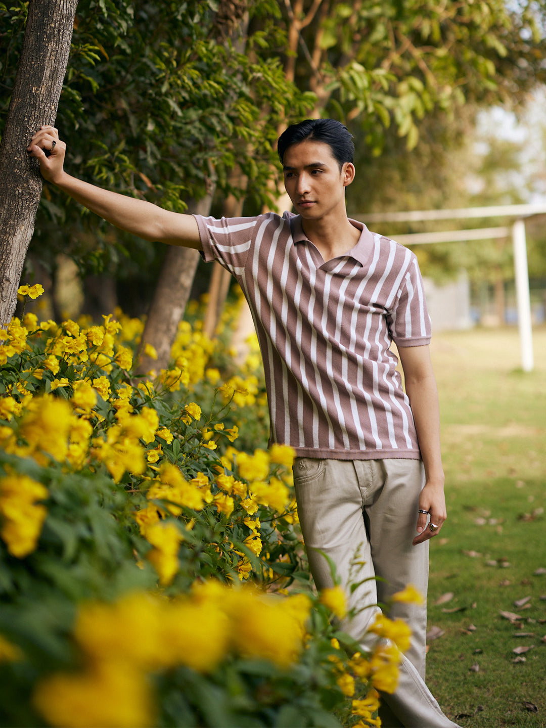Pink Vertical Stripes 100% Cotton Polo Neck T-Shirt-Men T-Shirts-Crimsoune Club
