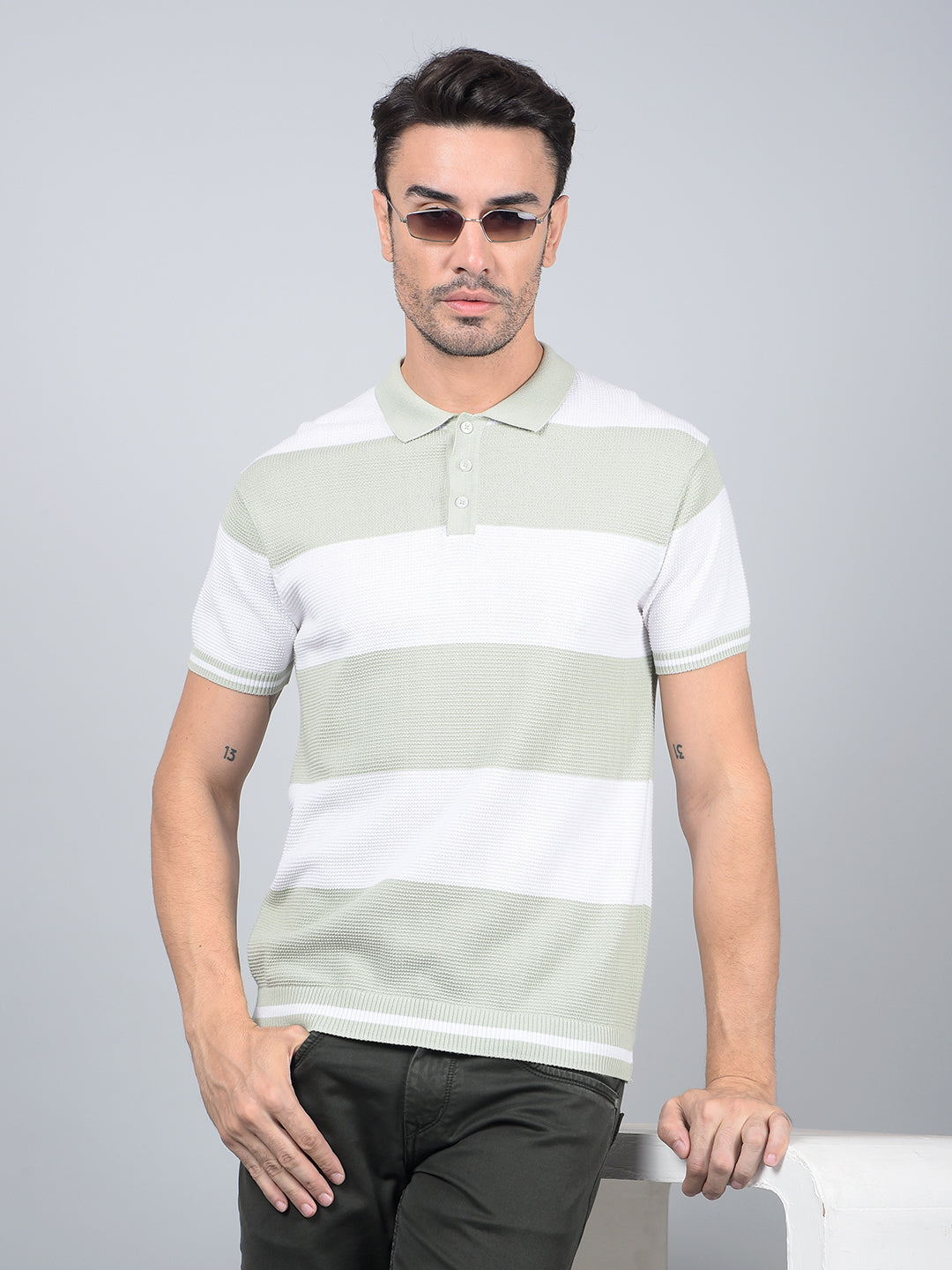 Green Horizontal Stripes 100% Cotton Polo Neck T-Shirt-Men T-Shirts-Crimsoune Club